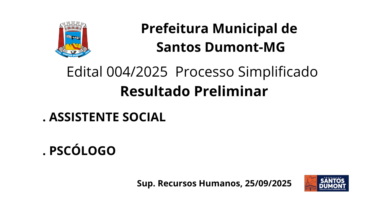 Edital 004/2025  Resultado PRELIMINAR   Categoria: ASSISTENTE SOCIAL  e     PSICÓLOGO