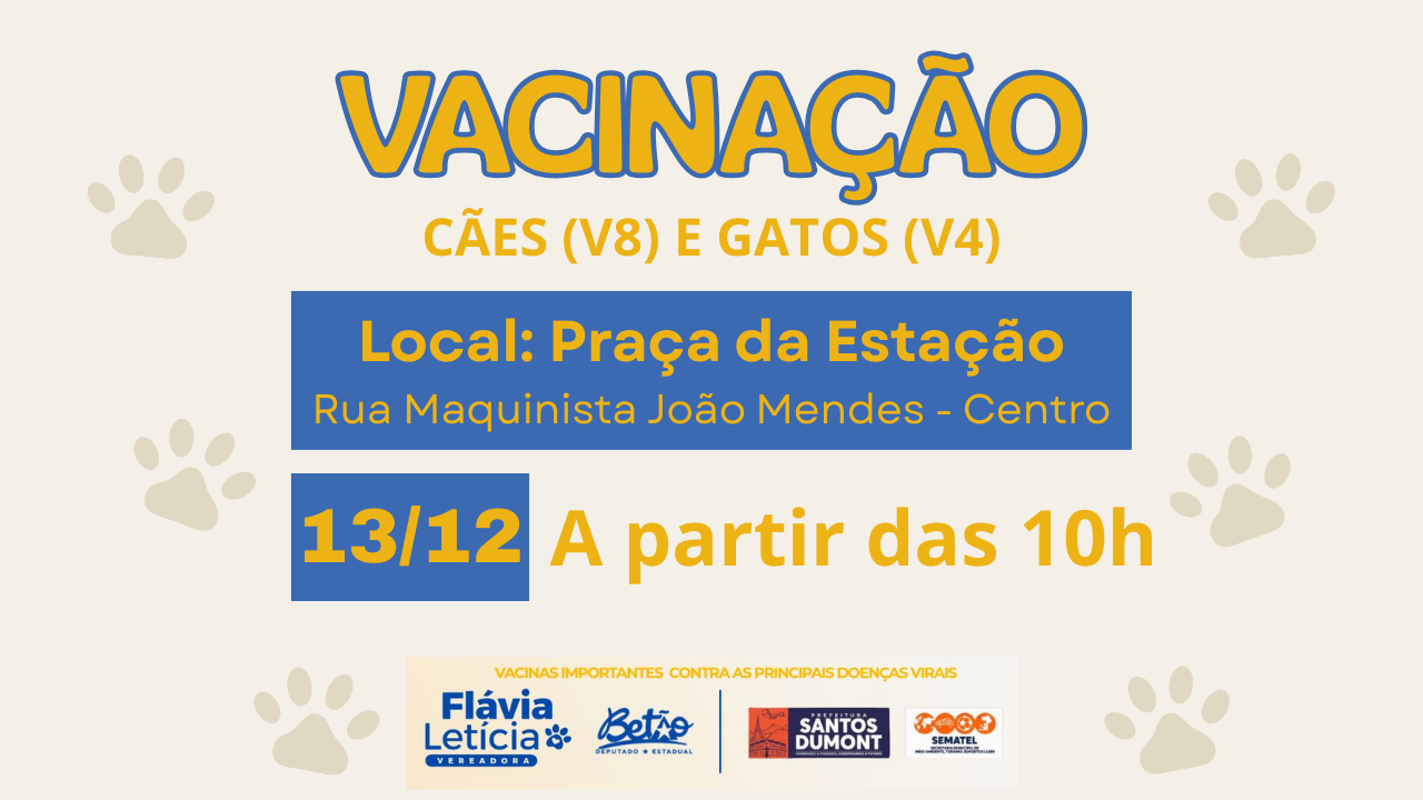 Vacinação polivalente gratuita para cães e gatos dia 13/12, na Praça da Estação