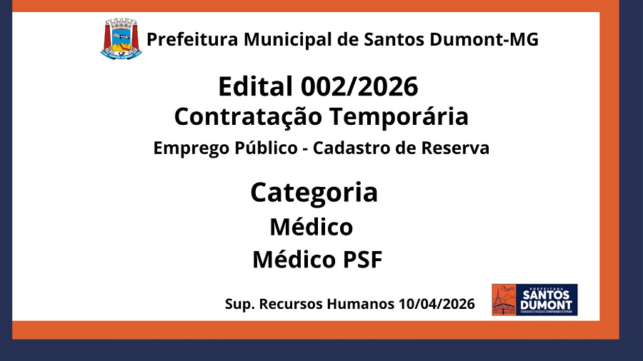 Edital 002/2026 Contratação Temporária Emprego Público Cadastro de Reserva