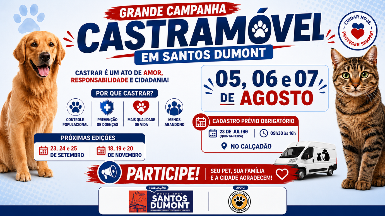 Inscrição para castração de cães e gatos amanhã, 23/07, no Calçadão, em frente Drogaria Americana