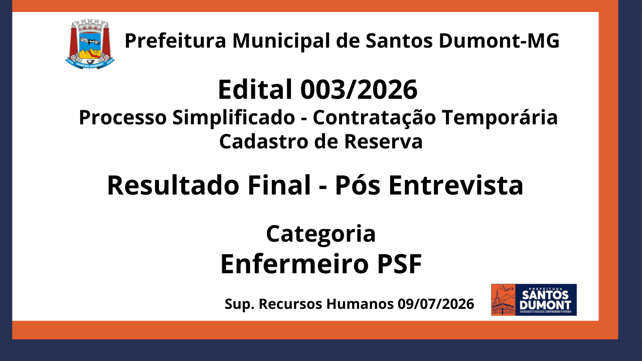 Edital 003/2026  Categoria Enfermeiro PSF   /   Resultado Pós Entrevista