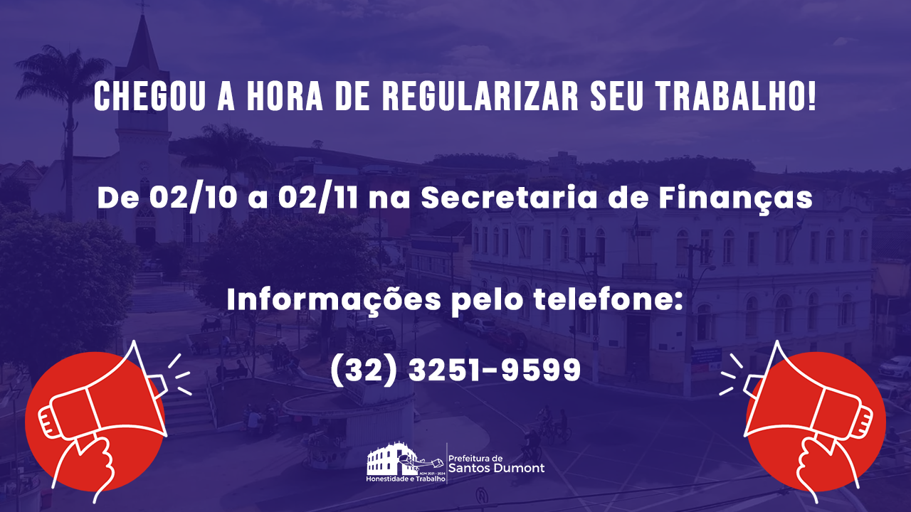 A Sec. de Finanças está oferecendo o prazo de 02/10 a 02/11 para que todos regularizem suas atividades